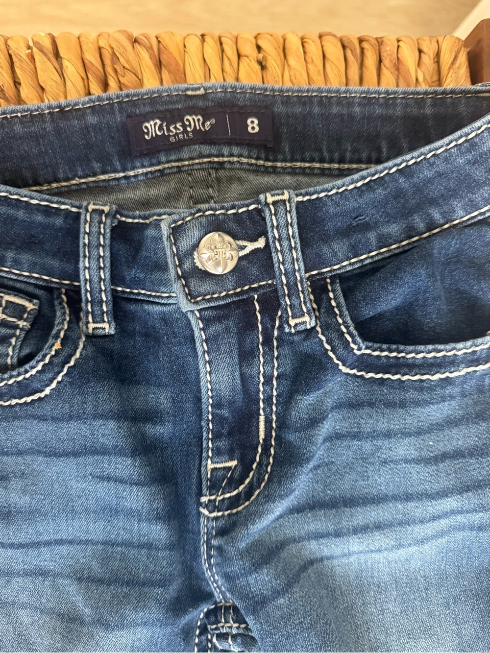 Miss Me Girls Dark Blue Boot Cut Jeans Embroidered Sequin Pocket Size 8 - Picture 6 of 8